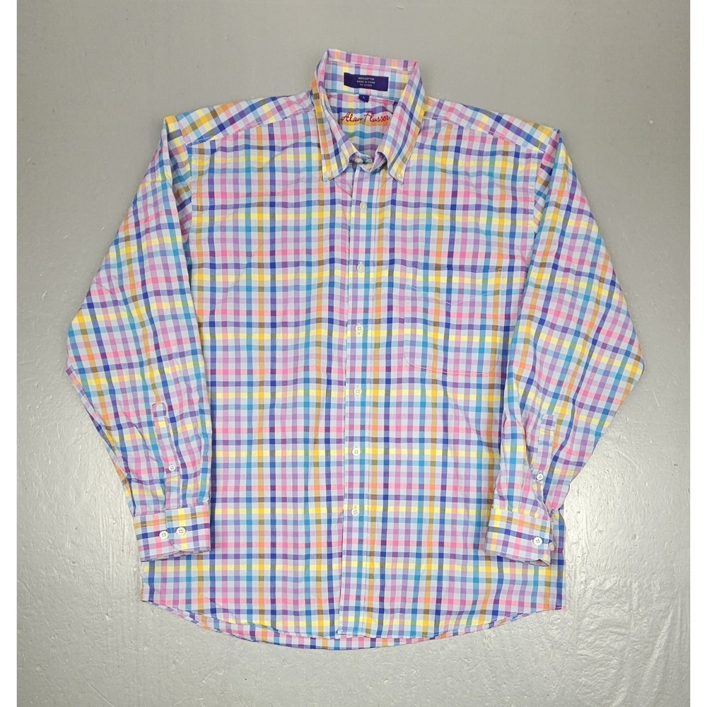 Alan Flusser Button Down Shirt Mens Large Gingham Check Multi Color Long Sleeve